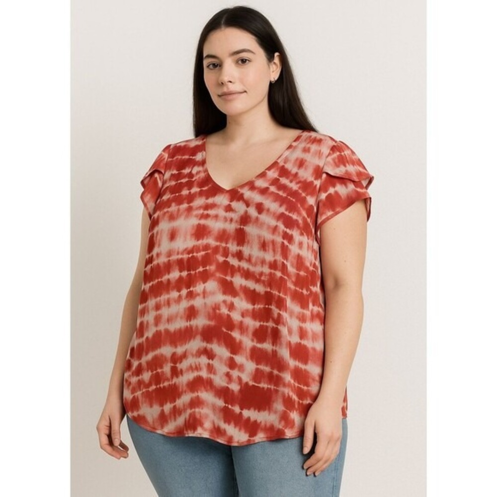 Torrid‎ 0 Large Red White Tie-Dye V-Neck Blouse Tunic Boho Whimsigoth Aesthetic